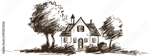 Charming cottage sketch with two trees and rustic details in black and white. Vector illustration
