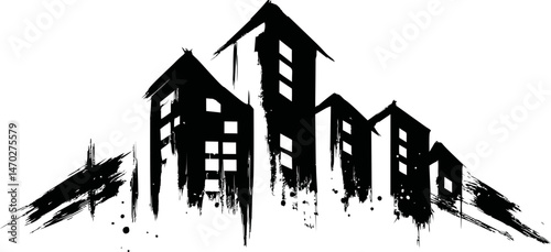 Abstract urban skyline silhouette in black ink with tall buildings. Vector illustration