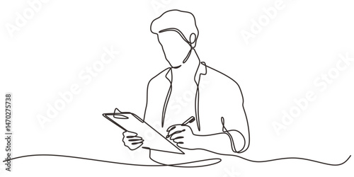 Continuous Line Drawing Person Reviewing To Do List Clipboard. Tasks Checklist Vector Art.