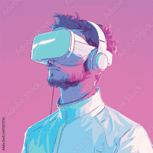 Man Exploring Virtual Reality Worlds Wearing Vr Headset With Creative Colorful Background