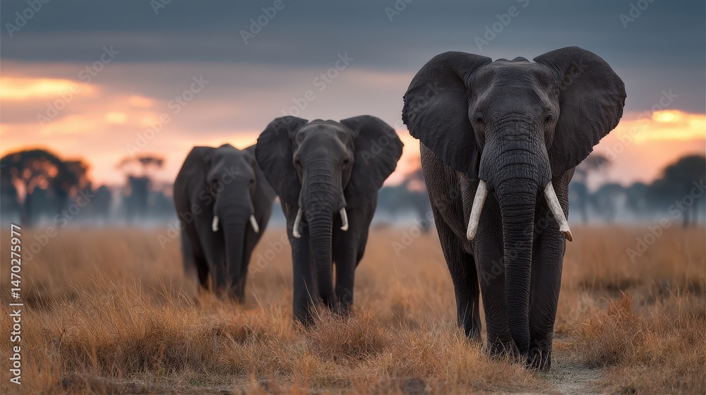 Fototapeta premium Elephants gathering at twilight savanna wildlife photography dusk setting close-up majestic beauty