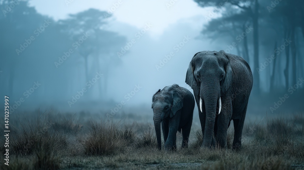 Obraz premium Gentle elephant calf stays close to mother in misty forest wildlife photography natural habitat peaceful scene