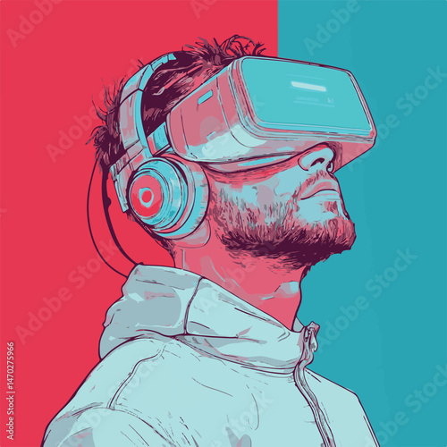 Man Wearing Vr Headset Looking Upward With Pop Art Style Background