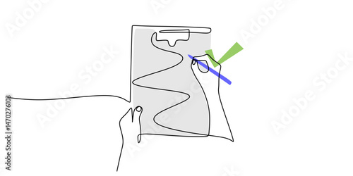 Continuous Line Drawing Hand Marking Clipboard Checklist. Completed Tasks Organization Vector.