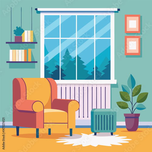 Living room with large window and blue armchair and white heating radiator on wall. Central heating system.