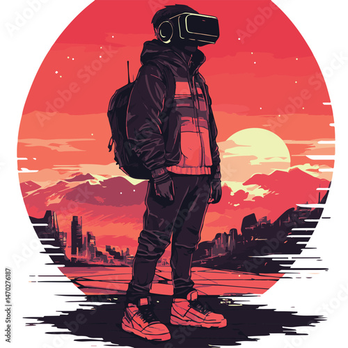 Person Wearing Vr Headset Cityscape Sunset Futuristic Vector Illustration Artwork
