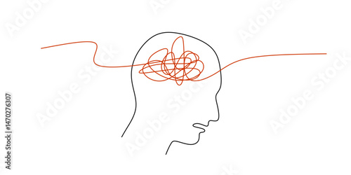 Continuous Line Drawing Brain Under Stress. Mental Burden Work Pressure Psychology Vector Art.