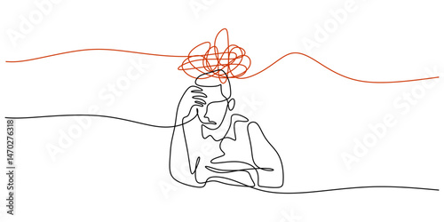 Continuous Line Drawing Person Head Hands Desk. Mental Fatigue Workplace Stress Burnout Vector Art.