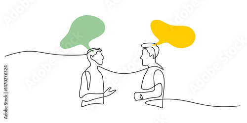 Continuous Line Drawing Colleagues Connecting Speech Bubbles. Dialogue Teamwork Communication Art.