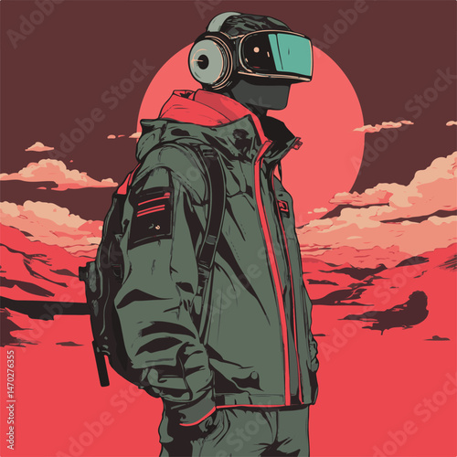 Cyberpunk Futuristic Explorer In Virtual Reality Landscape With Sunset And Mountains