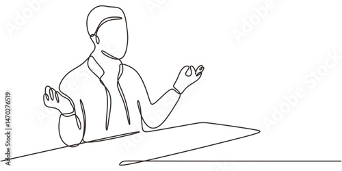 Continuous Line Drawing Person Meditating Desk. Workplace Mindfulness Stress Relief Vector Art.