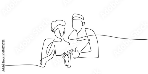 Minimalist Line Art Attentive Dialogue Consultation Two Individuals Seated. Listening Empathy Vector.