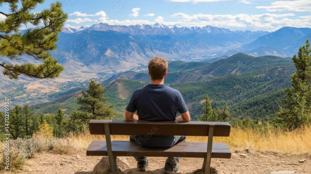A man sits on a bench enjoying a mountain view on a sunny day. Forested hills rise to a snowcapped mountain range. A man sits on a bench enjoying a mountain view on a sunny day. Forested hills rise to a snowcapped mountain range.