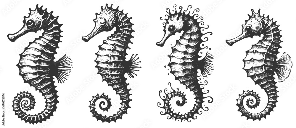 Ethereal Ocean Creature Seahorse linework sketch hand drawn pen drawing vector illustration background Ethereal Ocean Creature Seahorse linework sketch hand drawn pen drawing vector illustration background