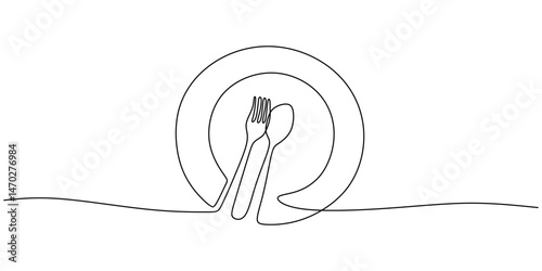 Continuous Line Drawing Fork Spoon Empty Plate. Dining Meal Completion Minimalist Vector Art.