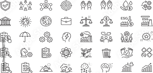 ESG Environmental Social Governance concept editable stroke outline icons set isolated on white background flat vector illustration.