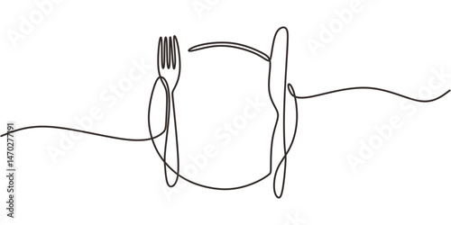 Continuous Line Drawing Plate Flanked Knife Fork. Readiness Eat Meal Setting Minimalist Vector.