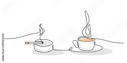 Continuous Line Drawing Coffee Cup Ashtray Cigarette. Break Habit Cafe Minimalist Vector Art.