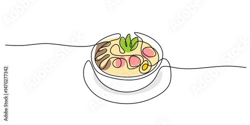 Continuous Line Drawing Bowl Hot Soup Ready Eaten. Meal Comfort Food Minimalist Vector Art.