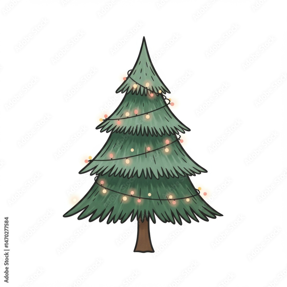 Fototapeta premium Green Christmas Tree with Warm Lights Illustration