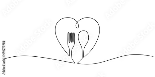 Minimalist Line Illustration Love Dining Heart Fork Spoon. Foodie Restaurant Logo Vector Art.