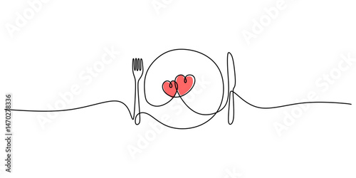 Continuous One Line Drawing Spoon Fork Plate Heart. Food Love Dining Healthy Eating Meal Vector Art.