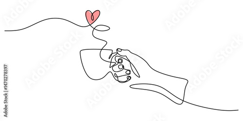 Continuous One Line Drawing Hand Holding Coffee Cup Heart Steam. Love Morning Cafe Minimalist Vector.