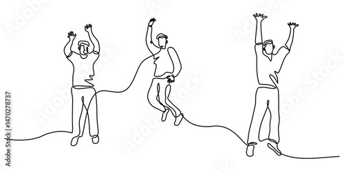 Continuous One Line Drawing Happy People Jumping. Celebration Success Joy Victory Achievement Vector.