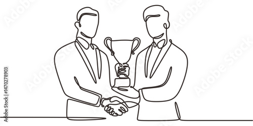 Continuous One Line Drawing Handshake Trophy. Sportsmanship Fair Play Competition Award Deal Vector.