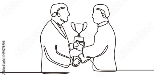 Continuous One Line Drawing Handshake Over Trophy. Sportsmanship Fair Play Deal Award Vector Art.