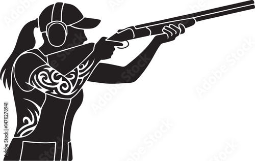 Sporting Clays Female Player with Ethnic Tribal Tattoo Silhouette — Vector AI EPS, PNG Transparent, and JPEG Clipart on White Background

