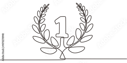 Continuous One Line Drawing Number One Wreath. First Place Winner Champion Award Victory Laurel Vector.