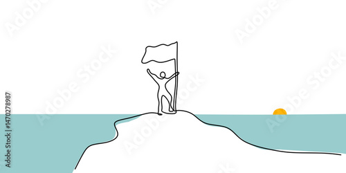 Continuous One Line Drawing Hand Planting Flag On Mountain Top. Goal Achievement Victory Vector Art.