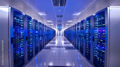 Data center operations high-tech server room modern facility digital environment wide angle view