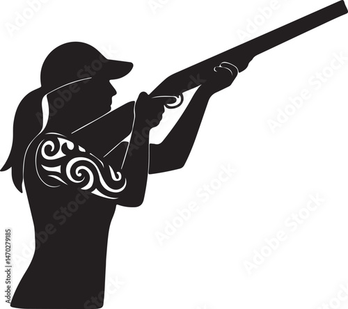 Sporting Clays Female Player with Ethnic Tribal Tattoo Silhouette — Vector AI EPS, PNG Transparent, and JPEG Clipart on White Background

