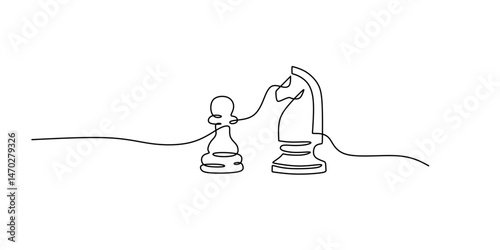 Continuous One Line Drawing Chess Pieces. Strategy Game Intelligence Competition Board Game Vector.