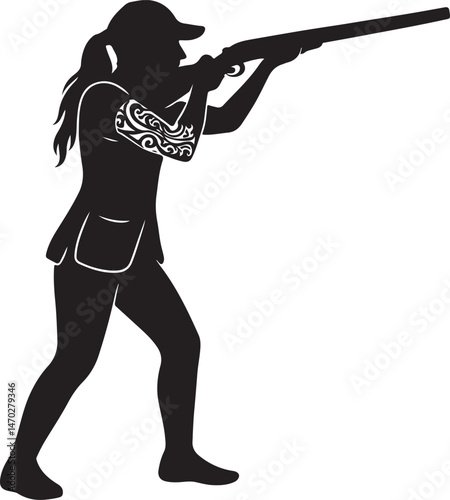 Sporting Clays Female Player with Ethnic Tribal Tattoo Silhouette — Vector AI EPS, PNG Transparent, and JPEG Clipart on White Background

