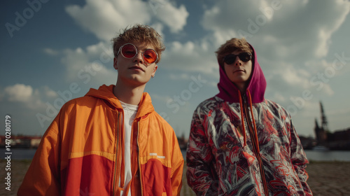 A candid, stylish portrait of a group of effortlessly cool guys that could pass for an indie rock band. Generative AI