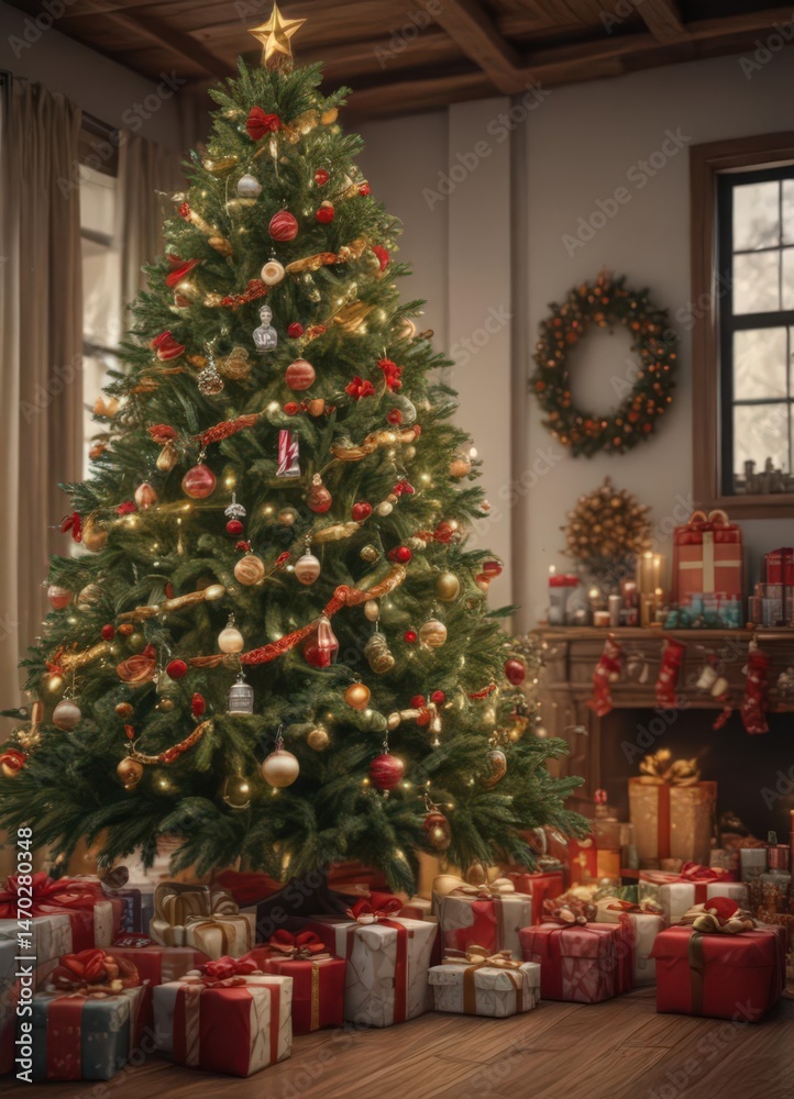 Magnificent decorated tree, abundant presents surround , winter, shine Magnificent decorated tree, abundant presents surround , winter, shine