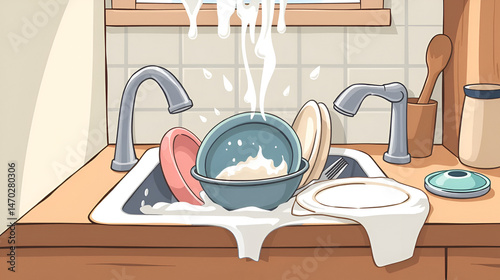 Washing dishes in sink. Dirty dish in kitchen, clean plates and messy dinnerware. Dirt unwashed or clean dish washstand and kitchen dishes, washing home utensil cartoon vector illustration