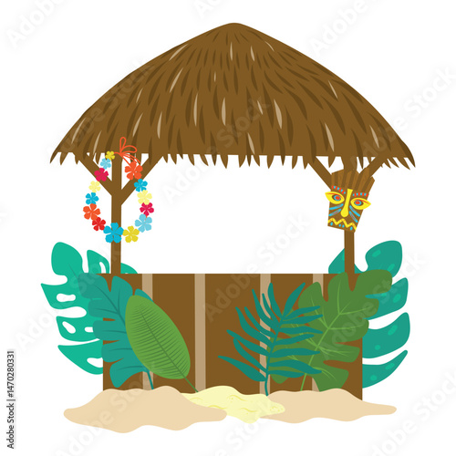 Summer beach bar vector illustration. Bar, tiki mask, leaf, leaves, lei. Vector cartoon illustration of tropical pub