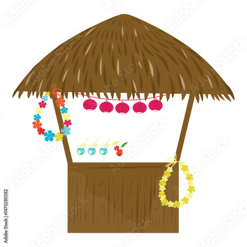 Tiki bar vector illustration. Bar, cocktails, lei, garland. Vector cartoon illustration of tropical pub