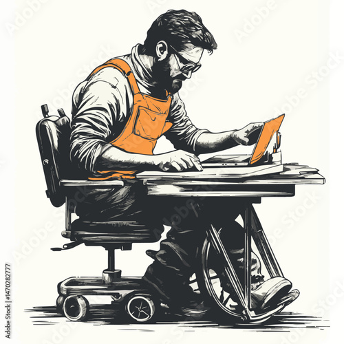 Disabled Man Working On Laptop At Desk Sketch Illustration