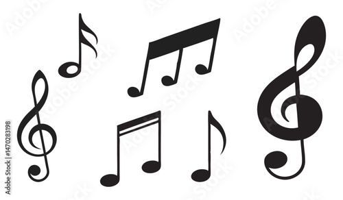 Black and White Musical Notes Collection, Simple Song & Rhythm Graphics, On a White Background

