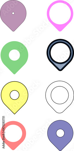Colorful Map Location Pin Icons Set – Flat and Outline Marker Symbols for Navigation and GPS Design
