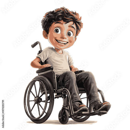 Happy Little Boy Smiling In Wheelchair Cartoon Illustration For Children