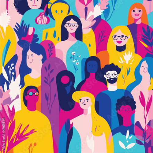 Diverse People Together Flat Vector Illustration Colorful Group Portrait