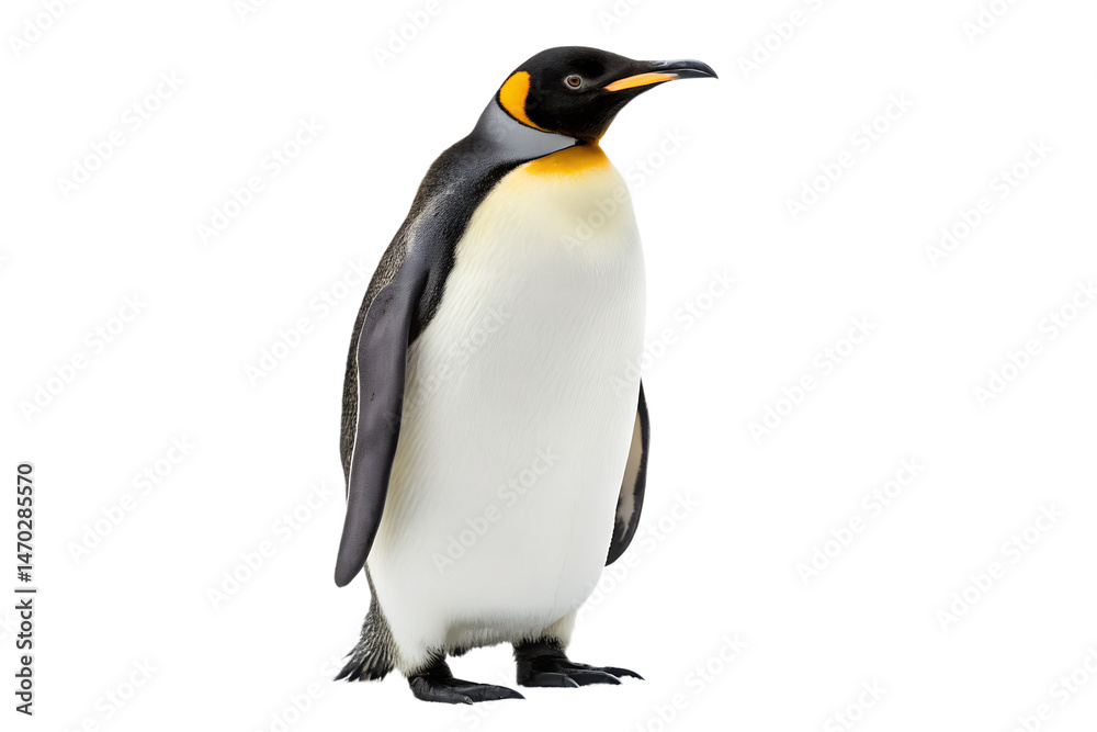 Fototapeta premium Majestic king penguin standing tall against a black background image, king penguin, penguin, bird, antarctic, animal, wildlife, nature, black background, isolated, full body, ornithology, avian