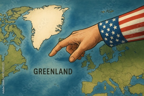 American hand pointing Greenland on world map