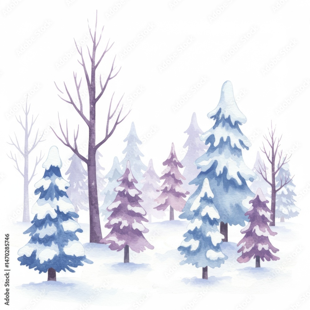 Obraz premium Watercolor Winter Forest Scene with Purple and Blue Trees
